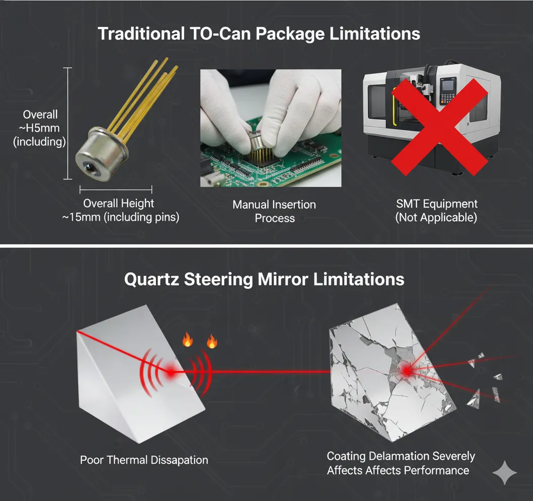 TO-Can 封裝高度約 15mm 且需人工插件,無法相容 SMT 自動化;石英轉向鏡散熱不良且鍍層易脫落,影響 EEL 雷射封裝可靠性