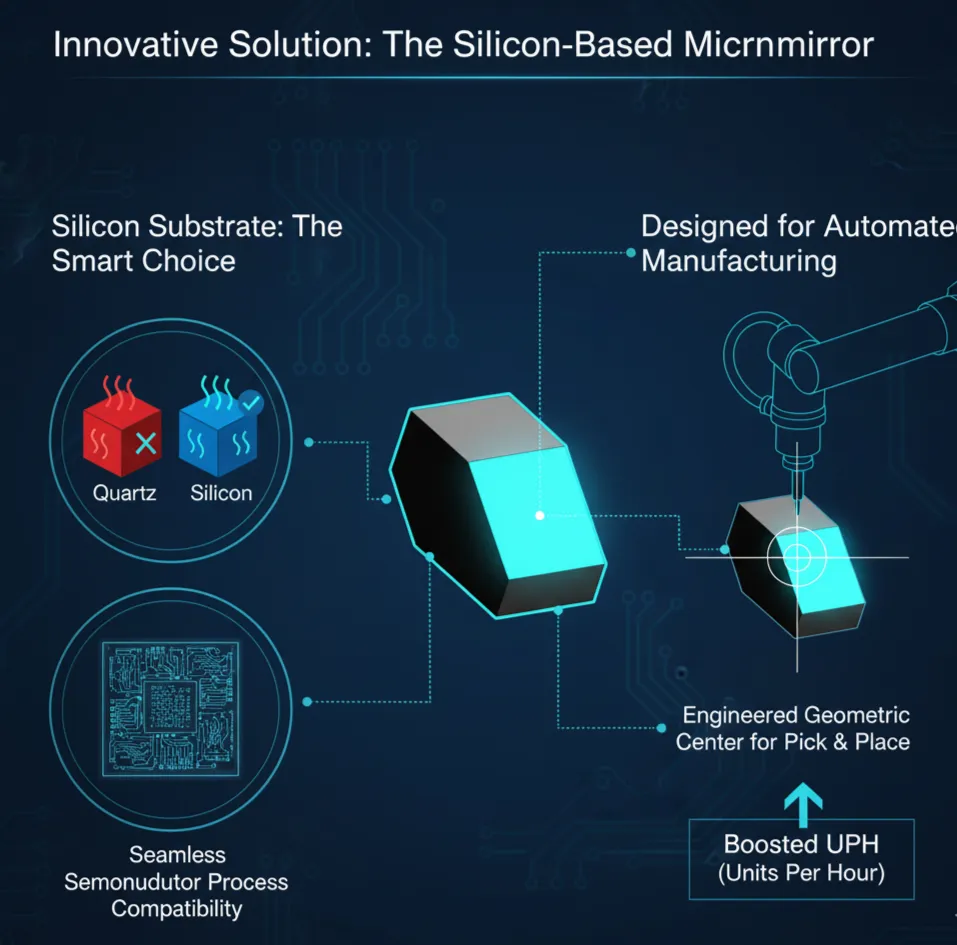 矽基次毫米微型轉向鏡優異導熱性與半導體製程相容,專為自動化 Pick-and-Place 設計,提升 EEL SMD 封裝的 UPH 產能