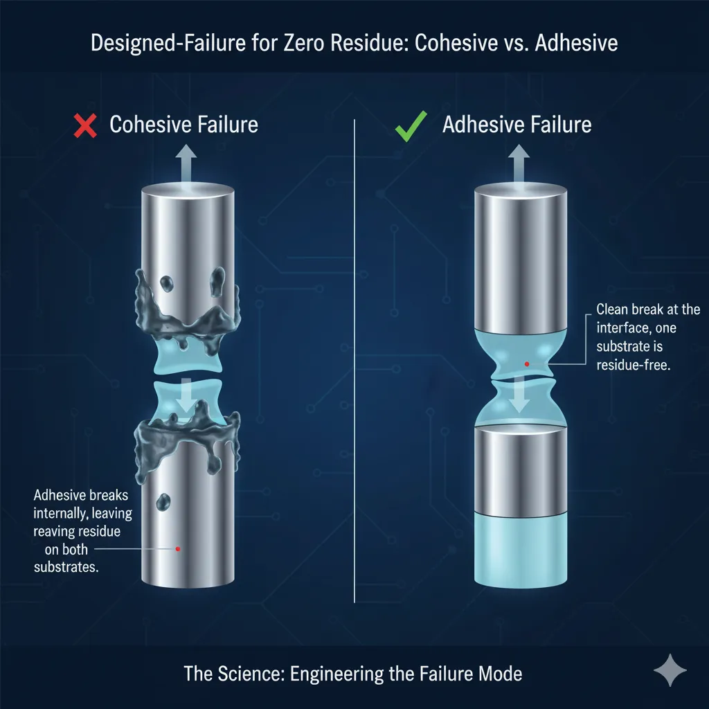 本圖對比了內聚破壞(Cohesive Failure)和介面破壞(Adhesive Failure),闡明了透過精密配方設計,確保膠材在介面處乾淨分離,實現「無殘留」的理想失效模式