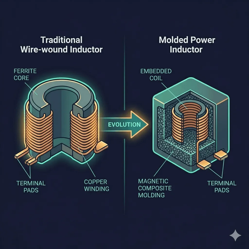 傳統繞線電感與一體成型 Molded Power Inductor 結構對比:膠材從固定介質演變為同時扮演磁性 Binder、絕緣層與機械骨架的功能性複合材料