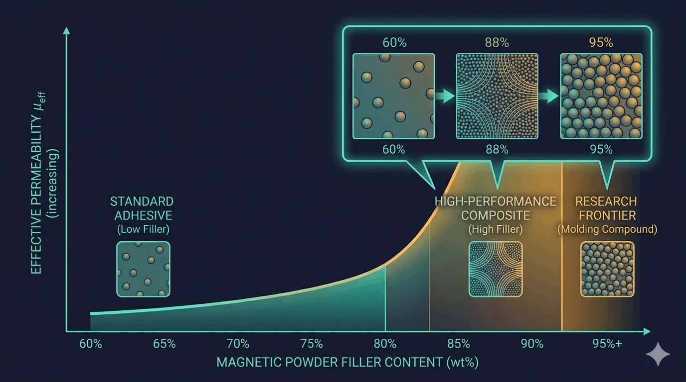 磁粉含量從 60% 提升至 90 wt% 對有效磁導率(μ_eff)的影響:高粉體含量讓膠材本身成為磁路一部分,直接提升微型電感感值